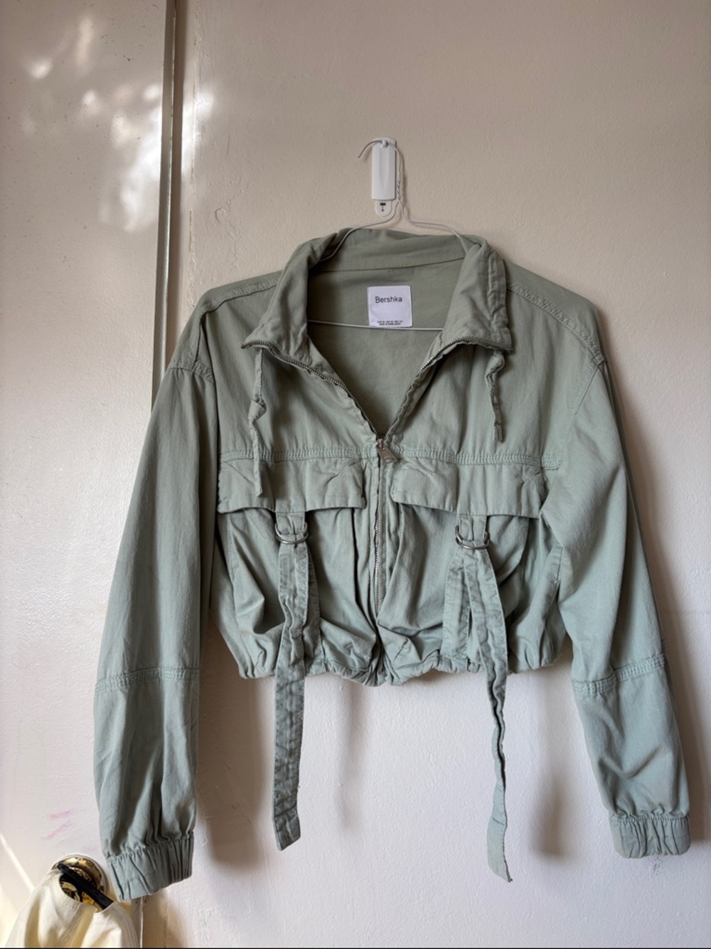 Bershka Cropped Utility Jacket in Sage Green